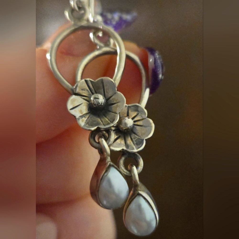 Pearl drop floral sterling silver earrings